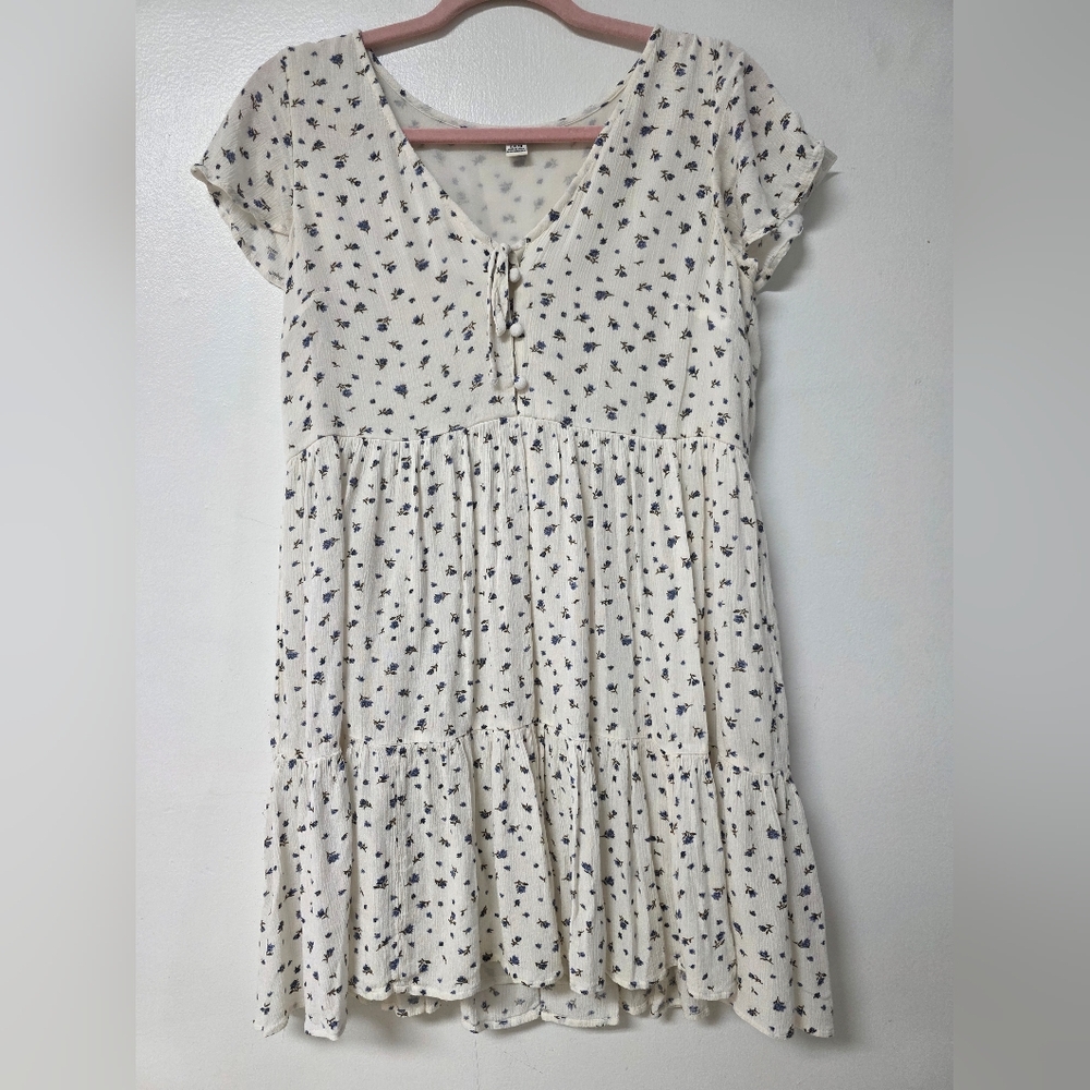 American Eagle Outfitters Cream Dress with Navy Floral Print Size:S